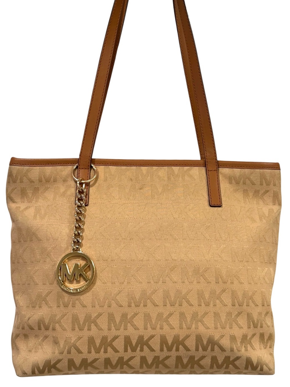 Michael Kors Beige & Tan Signature Logo Tote w/Gold-tone MK Bag Charm